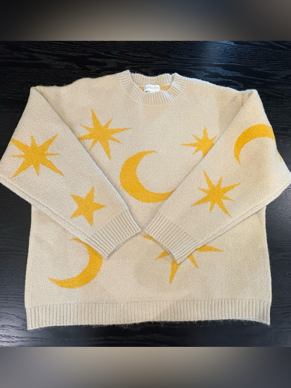 APRICOT Cream Crewneck Sweater with Yellow Star & Moon Motifs